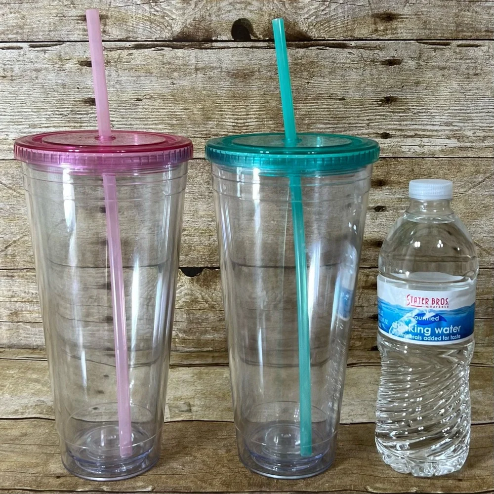 Set of 2‎ Clear Double Wall Acrylic Tumblers with Pink and Teal Lids and Straws